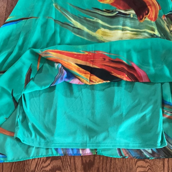 GREEN Trapeze chiffon overlay DRESS  SLEEVELESS HIGH LOW paint brush pattern 12 - Picture 9 of 10